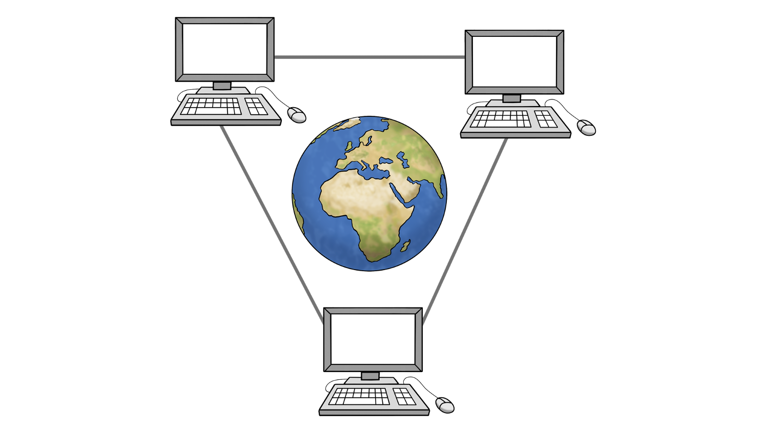 Eine Weltkugel ist von drei Computer umgeben, welche mit Linien gegenseitig verbunden sind.