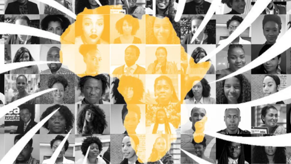 Die quadratische Grafik zeigt den linken Teil des Logos der VN-Dekade. Im Zentrum wird in gelber, etwas durchsichtiger Farbe, der afrikanischen Kontinent dargestellt, von dem weiße Strahlen ausgehen. Hintergrund: Porträtfotos von People of Colour